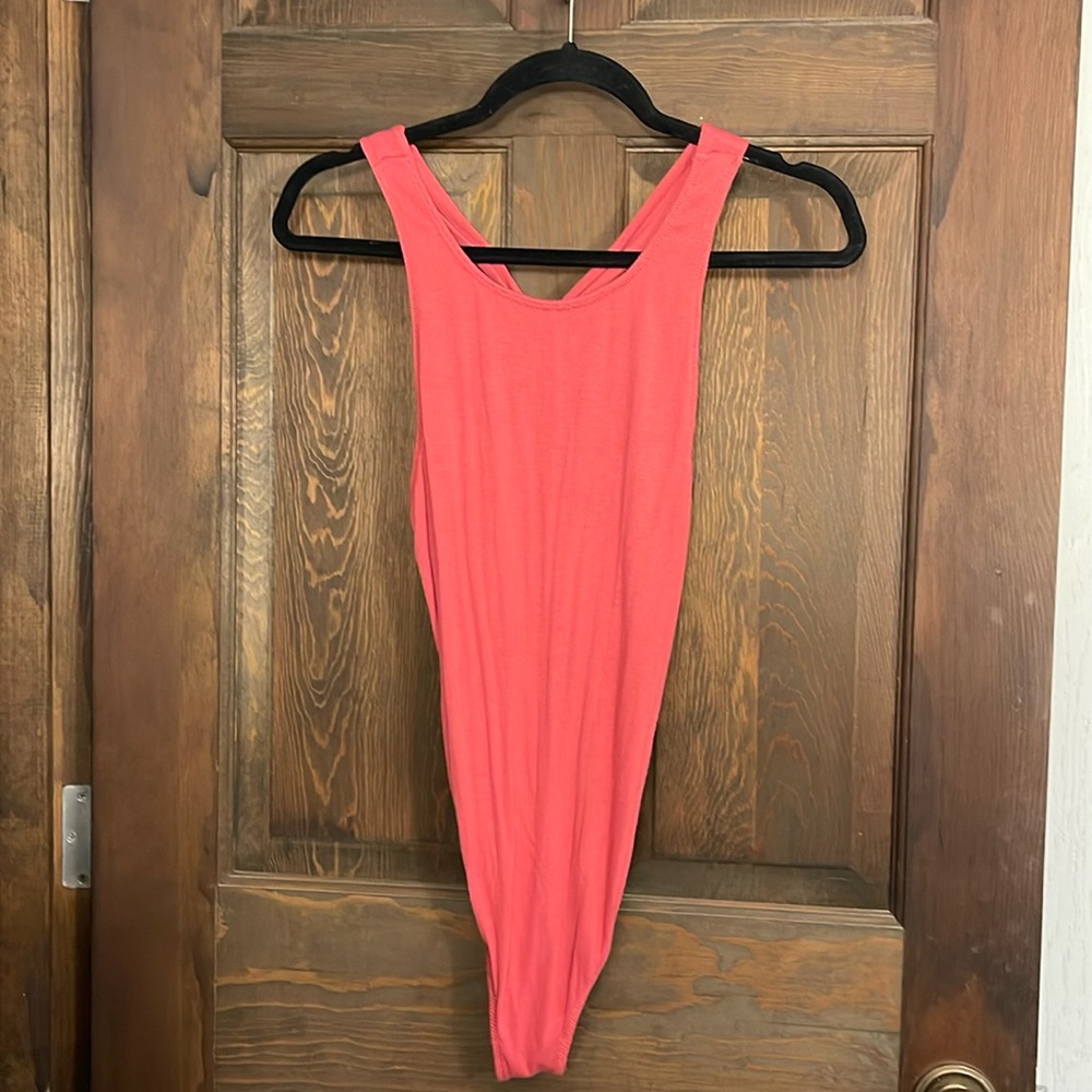 Free People Pink high neck criss cross thong bodysuit